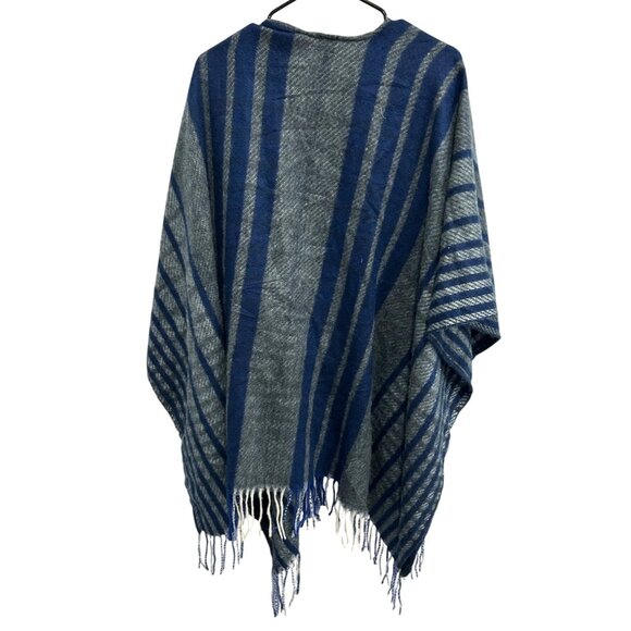 Woolrich Womens Striped Blue Gray Poncho Wrap With Fringe - Picture 2 of 8